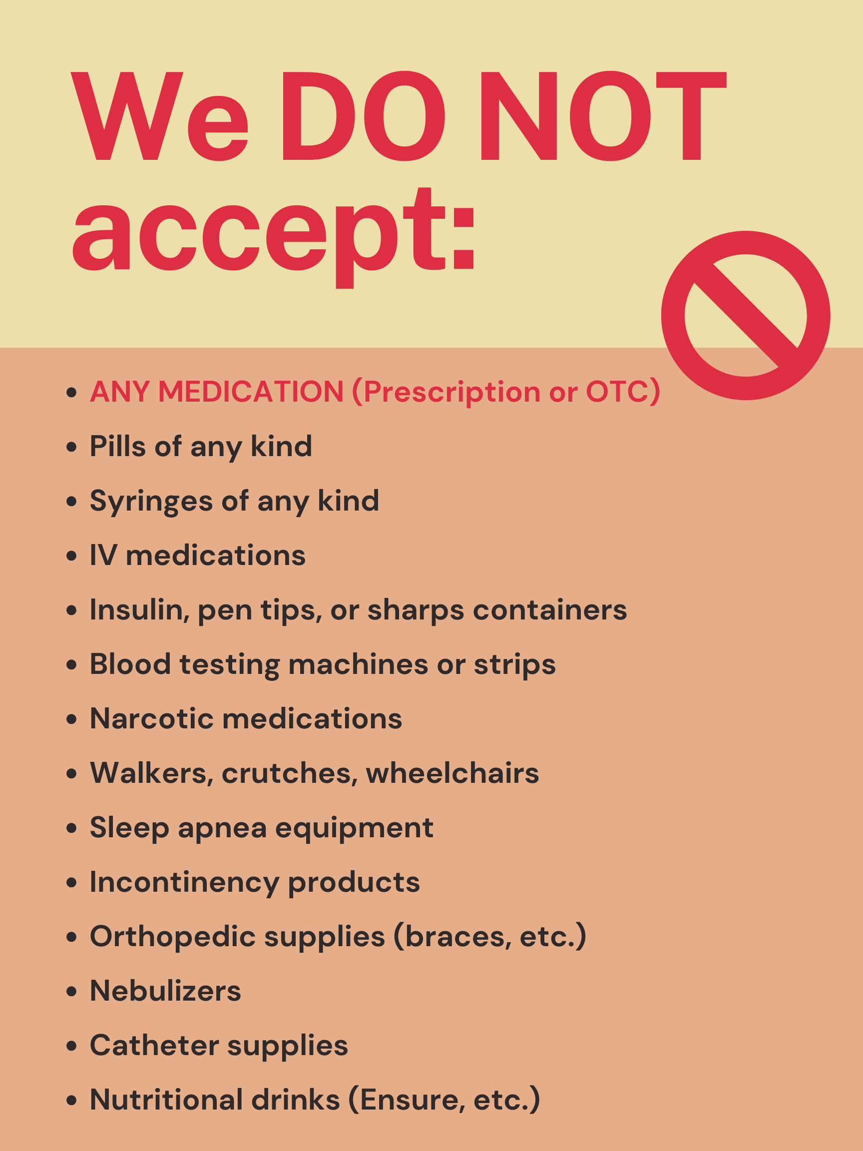 List of items we cannot accept for donations